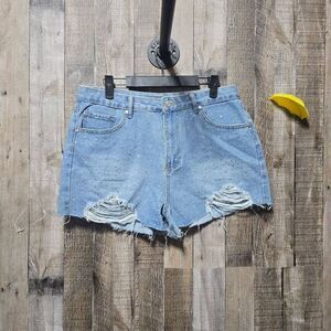 Cali 1850 Rhinestone Embellished Bling Distressed Jeans Shorts